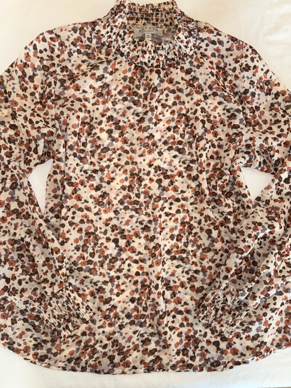 Hayden Cream Maeve High-Neck Long-Sleeve Floral Cheetah Blouse L